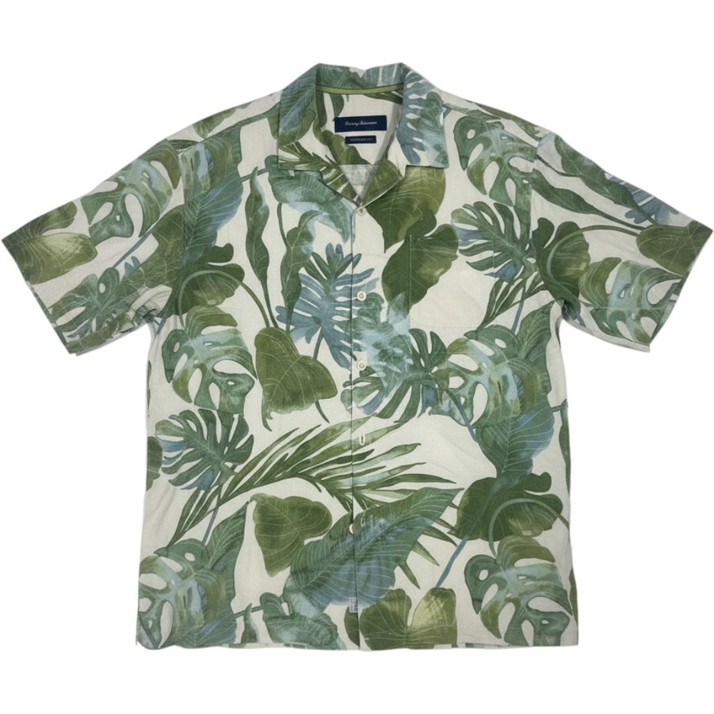Tommy Bahama Mens Large Silk Tropical Monstera Leaf Print Camp Shirt Green Blue‎
